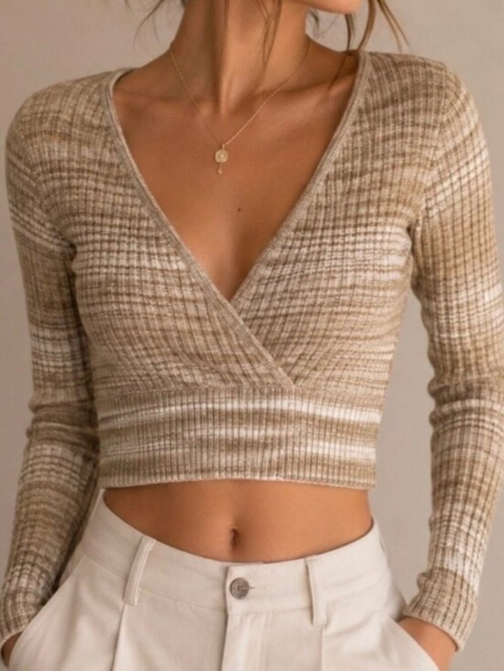 American Eagle Brown and White Striped V-Neck Wrap Sweater S